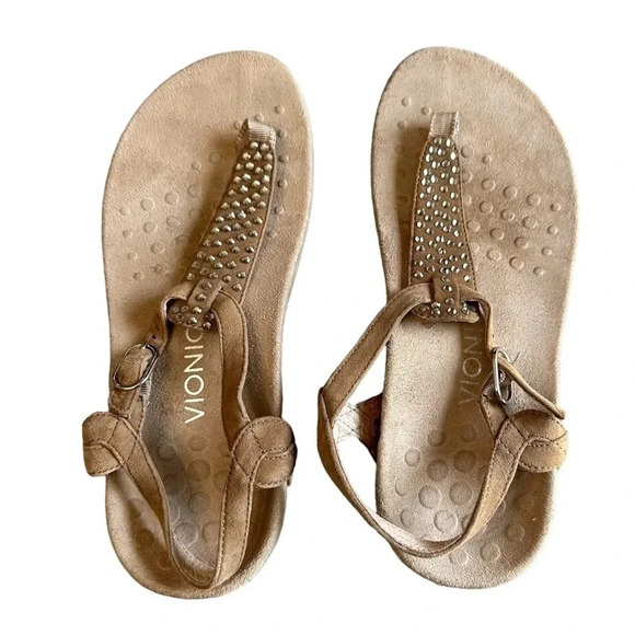 Vionic 8W t-strap tan with beading orthotic sandals - Picture 7 of 9